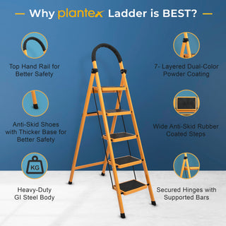 Plantex Premium GI Steel Foldable 5-Step Ladder for Home - Wide Anti Slip 5 Step Ladder (Yellow & Black)