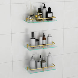 Plantex Heavy Duty Glass Shelf for Bathroom/Kitchen Storage Shelf Wall Mounted/Living Room Frosted Glass Shelf, (Brass Antique Finish - 12x6 Inches - Pack of 3)