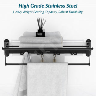 Plantex Stailness Steel Folding Towel Rack for Bathroom/Towel Rod with Hooks/Towel Stand/Towel Holder/Bathroom Accessories (24 inch) Matt Black