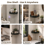 Plantex Drill Free Corner Shelf for Bathroom/Self Adhesive Bathroom Shelf Corner/Aluminum Wall Mount Side Corner Shelf Organizer/Shelf for Kitchen with Removable Hooks- 9x9 inch (Matt Black)