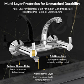 Plantex Pure Brass Sink Mixer Tap/Hot and Cold Water Mixer with Swinging Spout/Wall Mount Kitchen Sink Tap with Brass Wall Flange & Teflon Tape - (Chrome - AQ-1414)