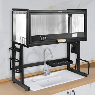 Plantex GI Steel Over The Sink Dish Drying Rack/Kitchen Storage Rack/2-Tier Dish Rack with Cover for Dish Rack/Household Bowls and Plates Organizer - (Black, 74 x 28.5 x 69 CM)
