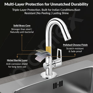 Plantex Pure Brass High Neck Pillar Cock Water Tap with Teflon Tape/360 Degree Swivel Spout/Single Lever Tabletop Basin Sink Cock (3203, Chrome)