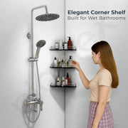 Plantex Glass Corner Shelf for Bathroom/Kitchen Glass Shelf/Bathroom Corner Shelf (Diamond-Black -9x9 Inches- Pack of 3)