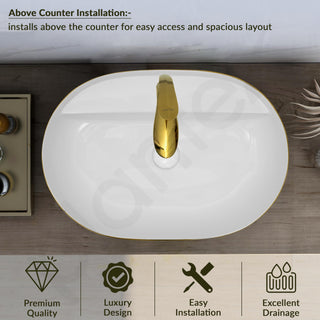 Plantex Ceramic Wash Basin for Bathroom/Designer Washbasin/Hand Basin for Restaurant/Hotel (23.5x16x5 inch - White & Gold)