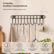 Plantex Hook Rail/GI Steel Hooks for Wall Without Drilling/Self Adhesive Hook Rail for Clothes/Towel - Pack of 1 (11 Hooks, Black)