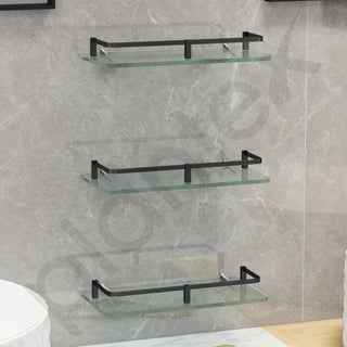 Plantex Bathroom Accessories - Wall Mounted Bathroom Shelf/Glass Shelves for Kitchen/Living Room with Black Brass Railings (Frosted - 12x6 Inches - Pack of 3)