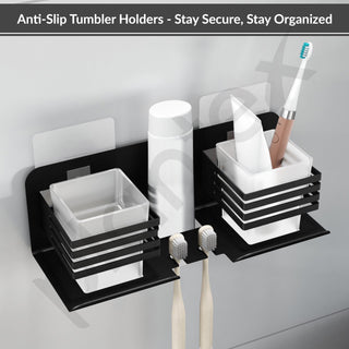 Plantex Stainless Steel Double Tumbler Holder/Toothbrush Stand for Bathroom/Toothpaste Holder/Bathroom Accessories - Pack of 1 (Black)