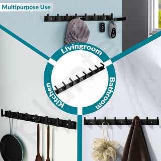 Plantex Aluminum Hook Rail with L-Shape Hooks for Walls of Bathroom/Kitchen–Hook Rail Bar for Clothes/Towel/Keys-Pack of 3 (8 Hooks, Black)