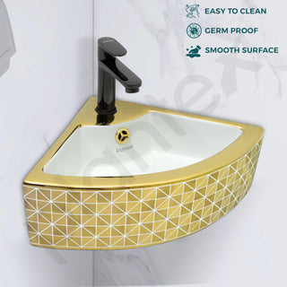 Plantex Ceramic Corner Basin/Wall Mount Washbasin for Bathroom/Small Corner Vessel Sink/Tabletop Wash Basin (Golden Cornia, 18 x 13 x 5 Inch)