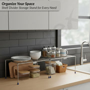 Plantex Stainless Steel Kitchen Shelf Organisers/Shelf Divider for Kitchen Storage/Cabinet Organiser/Plate Stand/Dish Rack - Pack of 2 (Chrome)