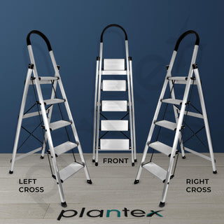 Plantex Surestep 5 Step Aluminum Ladder for Home Use/Wide Anti Skid Step Foldable Ladder with Knee Guard, PVC Shoes and Cross Bars (Anodize-Silver)