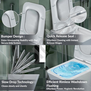 Plantex Imported Italica Ceramic Wall Mounted Commode/Rimless Square Washdown Western Toilet/P Trap Commode with Soft Close Seat Cover (Glossy White)