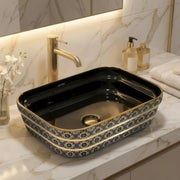 Plantex Designer Ceramic Basin/Table Top Wash Basin for Bathroom/Countertop Vessel Sink Basin for Home/Office/Restaurant (Black Art, 20 x 15 x 6 Inch )
