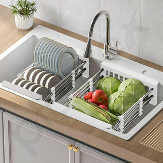 Plantex Stainless Steel & ABS Plastic Sink Drainer Basket/Sink Basket with Adjustable Armrest Kitchen Rack/Vegetable & Fruits Washing Organizer/Sink Utensils Drainer Stand - Pack of 1 (White)