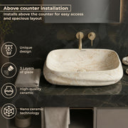Plantex Wash Basin for Bathroom/Ceramic Table Top Washbasin/Countertop Vessel Sink Basin - (Cream Marble,  23 x 16 x 6 Inch)