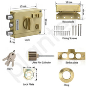 Plantex Heavy Duty Rim Locks for Main Door/Door Lock for Main Door with 4 Keys/Suitable for Inside Opening Wooden Door - Pack of 1 (Brass Antique)