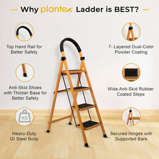 Plantex Premium GI 4-Step Steel Ladder for Home - Wide Anti Skid Step Ladder - 150 kg Capacity (Yellow)