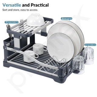 Plantex Kitchen Storage Rack/Aluminium Fold Flat Dish Drying Rack/2-Tier with Drainboard/Kitchen Organiser Rack - (Silver & Grey)