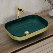 Plantex Wash Basin/Ceramic Table Top Wash Basin/Countertop Basin for Bathroom/Restaurants/Hotel – Rectangular Green & Gold - 20 x 14 x 6 Inch)