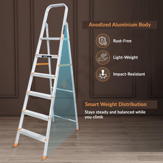 Plantex Legend 6 Step Aluminium Ladder for Home/Wide Anti-Skid Steps/Capacity Upto 150 kg/5 Year Manufacturer Warranty (Orange-Silver)