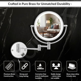 Plantex Brass and 304 Stainless-Steel Magnifying Mirror with LED/Makeup Mirror with Light/Zoom Mirror- 5x/1x Magnification (8 Inch-Chrome/Wall Mount)