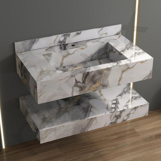 Plantex Slab Tile Floating Vanity with Washbasin for Bathroom/Wall Mount Wash Basin with Cabinet Full Set - 32 x18 inch (ED-Gold-Marble Finish)