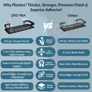 Plantex Bathroom Organiser Without Drill/Self Adhesive Stainless Steel Shelf for Bathroom with Aluminium Railing- Pack of 2 (12x5 inch, Black)