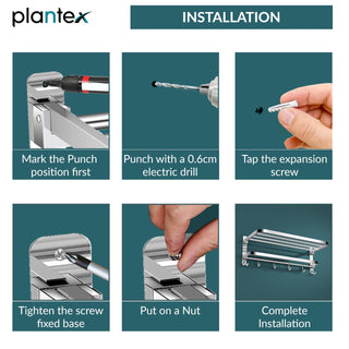 Plantex 304 Grade Stainless Steel Foldable Towel Rack in Bathroom/Cloth Hanger for Bathroom/Towel Rod with Hooks/Bathroom Accessories (18 Inch) Chrome