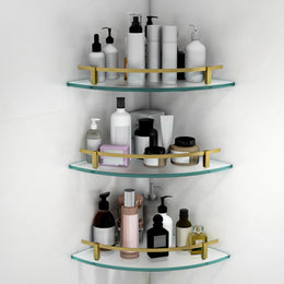 Plantex Premium Frosted Glass Corner Shelf for Bathroom/Glass Shelf/Storage Shelf - (12x12 in,Brass Antique-Pack of 3)