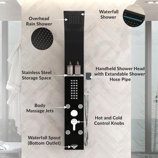 Plantex 304 Grade Stainless Steel Shower Panel/6 in 1 Shower System/Rainfall Showerhead with Handshower for Bathroom/Tub Spout/Body Massage Spray With Hot &cold Mixer-(1016, Black)