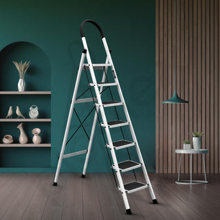 Plantex Steel Ladder for Home/Strong Foldable Wide 7 Step Ladder/Anti-Skid 7 Step Ladder - (Apex - White)
