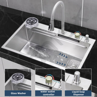 Plantex 304 Grade Stainless Steel Waterfall Kitchen Sink with Anti Scratch Honeycomb Design/Luxurious Sink for Kitchen with Pull Down Faucet - Multifuctional Modern Sink (30 x 18 Inch, Matt)