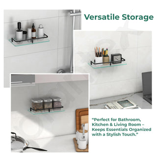 Plantex Bathroom Accessories - Wall Mounted Bathroom Shelf/Glass Shelves for Kitchen/Living Room with Black Brass Railings (Frosted - 12x6 Inches - Pack of 3)