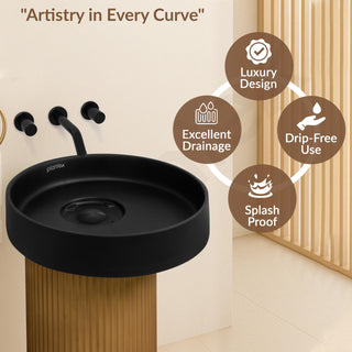 Plantex Acrylic Resin & Quartz Pedestal Basin for Bathroom/One Piece Pedestal Free Standing Round Wash Basin for living Room/Hotel (Black & Gold)