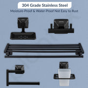 Plantex 304 Grade Stainless Steel Bathroom Accessories Set of 5 - Towel Stand/Napking Holder/Soap Holder/Toothbrush Stand/Robe Hanger - Squaro (Black)