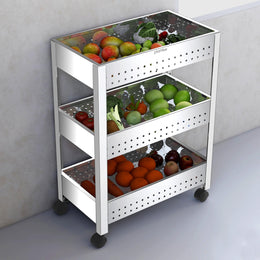 Plantex Stainless Steel 3-Tier Vegetable Storage Basket for Kitchen/Onion Garlic Stand-Trolley (Square Profile-Silver)