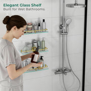 Plantex Frosted Glass Shelf for Bathroom/Shelf with Brass Railings and Brackets/Shelf for Living Room/Bedroom/Kitchen - Pack of 3 (15 x 6 inch, Brass Antique)