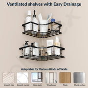 Plantex Self Adhesive Corner Shelf for Bathroom/GI Steel Shelf for Kitchen with Magic Stickers/Bathroom Organizer Without Drill - Pack of 2 (Black)