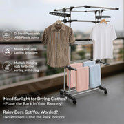 Plantex Cloth Stand for Drying Clothes/GI Steel Cloth Stand/Cloth Drying Stand with 4 Hangers/Movable Cloth Rack (White & Gray) Clofera Jumbo