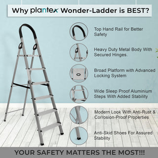 Plantex Wonder Aluminium Step Folding Ladder 6 Step for Home with Advanced Locking System - Anti Slip 6 Step Ladder (Silver & Black)
