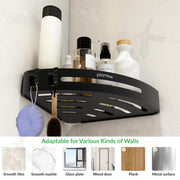 Plantex Self Adhesive Bathroom Corner Shelf/Bathroom Shelf Corner with Removable Hooks/Aluminum No Drill Bathroom Corner Organiser/Rack(9x9 inch Matt Black)