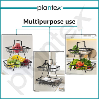 Plantex High Grade Steel 2-Tier Fruit & Vegetable Basket, Countertop Tiered Shelf for Dining Table/Kitchen (Black)