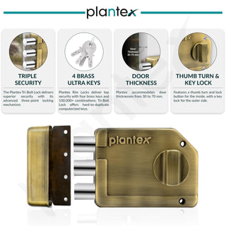 Plantex Tri-Bolt Lock for Main Door/Heavy Duty Door Lock with 4 Keys/Suitable on Single Door for Home/Office/Hotel - Pack of 1 (Brass Antique)