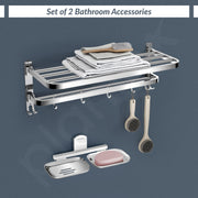 Plantex 304 Stainless Steel Dual Folding Towel Rack for Bathroom with Double Soap Dish/Holder/Bathroom Organizer/Bathroom Accessories Set- Chrome