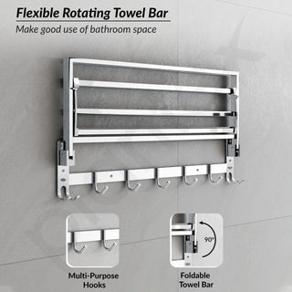 Plantex Folding Towel Rack with Hooks for Bathroom/24 Inch Stainless Steel Towel Hanger/Towel Stand/Towel Rod/Bathroom Accessories - Pack of 1 (Chrome)