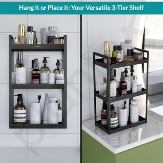 Plantex 3 Tier Self Adhesive Bathroom Shelf/Multipurpose Bathroom Countertop Storage Shelf/Metal Standing Spice Rack Storage Organizer for Kitchen(Black, Powder Coated)