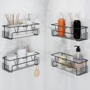 Plantex GI Steel Bathroom Accessories Self Adhesive/Bathroom Shelf for Wall Without Drilling with Side Hooks & Magic Sticker - Black, Powder Coated (Pack of 4)