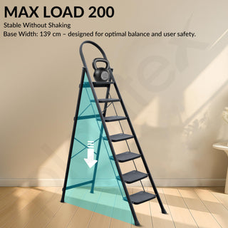 Plantex Hercules Pro 7-Step Foldable Ladder for Home with 200 kg Load Capacity/Heavy-Duty GI Steel Ladder/Anti-Slip Wide Step/Strong, Stable & Multi-Purpose (Black)