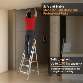 Plantex Secura 4 Step Ladder for Home/Aluminium Foldable Ladder with Safe Hand Rail (Orange-Silver)